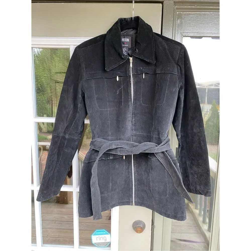 Helium London Black 100% Leather Jacket Collared Belted Full-Zip Coat, Sz Medium - Picture 1 of 13
